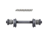 Trek Bontrager front 6-bolt hub axle kit with 100mm old loose ball design in silver and black, component bike part.