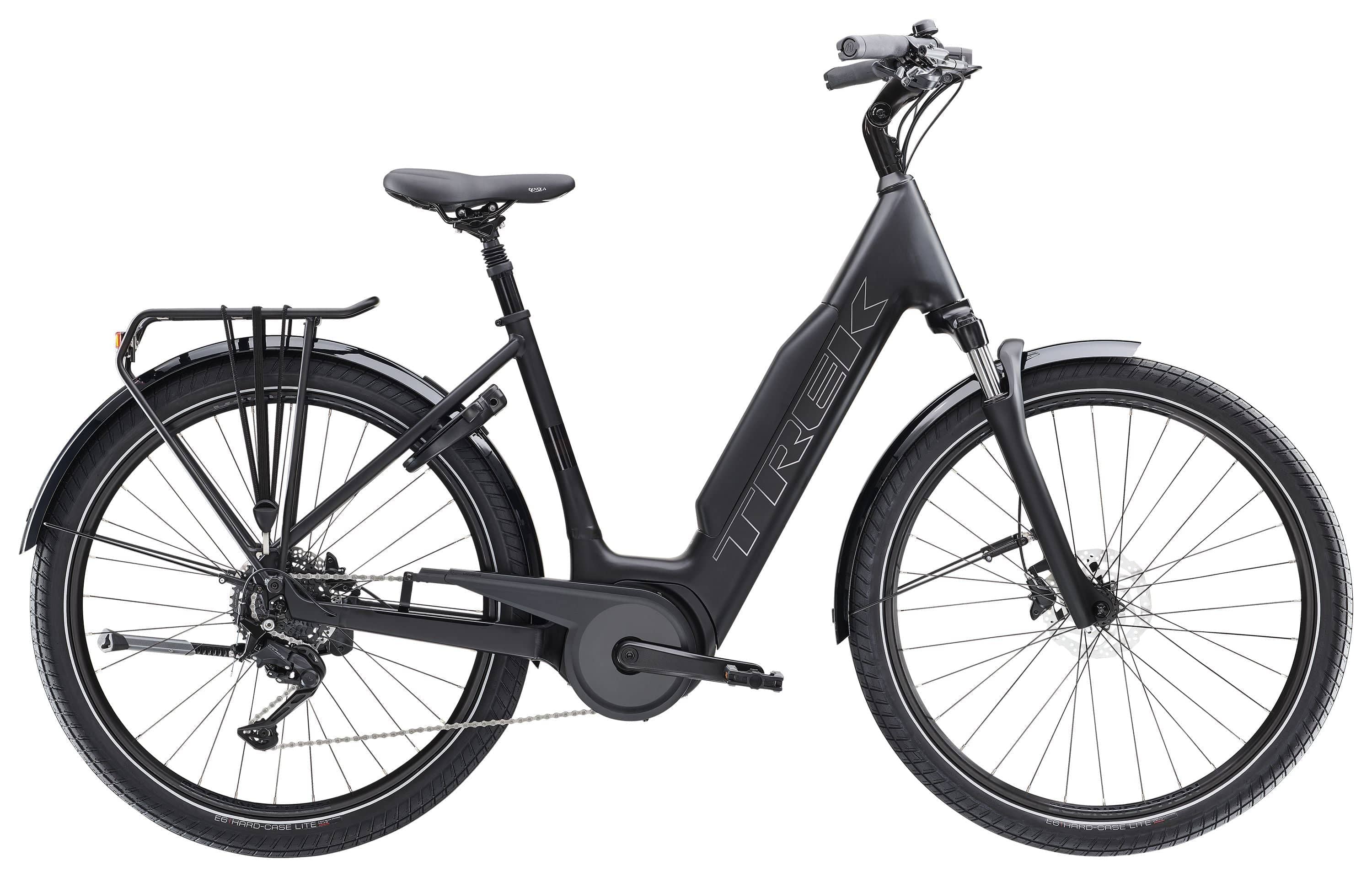 Trek Verve+ 3 Lowstep electric hybrid bike with comfortable upright frame and pedal assist for urban commuting.