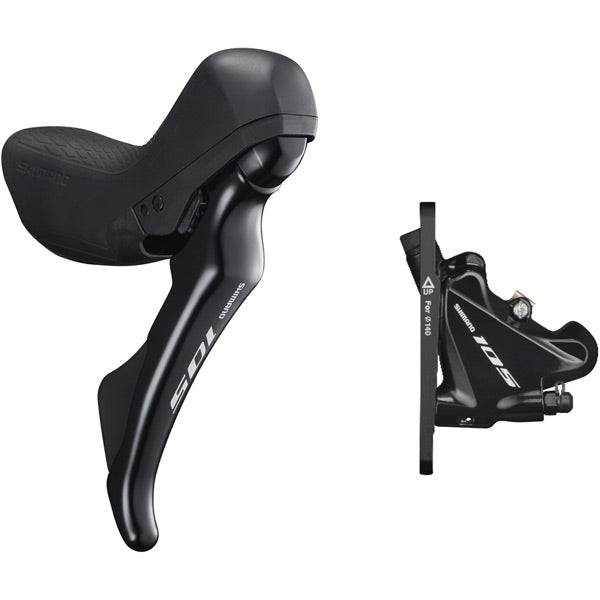 Shimano 105 ST-R7020 road hydraulic disc shifters and flat mount caliper set for high-performance cycling components.