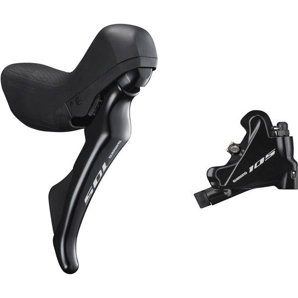 Shimano 105 R7020 road hydraulic disc shifters STI set with flat mount calipers for road bike components.