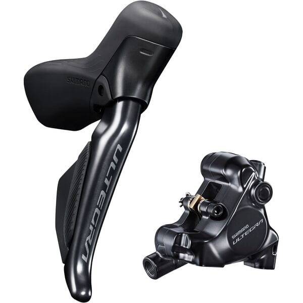 Shimano Ultegra ST-R8170 Di2 road shifters with hydraulic disc and flat mount caliper set, close-up of components.