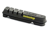 SwissStop Flash Evo Skinny brake pad inserts for Shimano and SRAM rims, shown in a close-up image of two pairs of bike brake components.