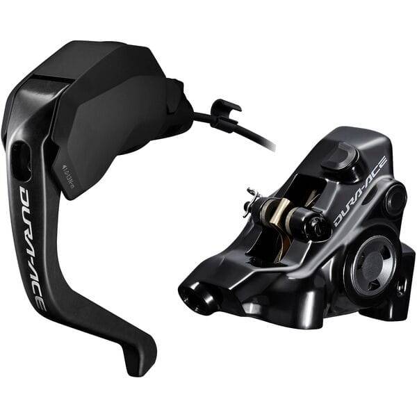 Shimano Dura-Ace ST-R9180 Di2 hydraulic disc road shifters with BR-R9270 flat mount brake set, showing sleek control levers and hydraulic components.