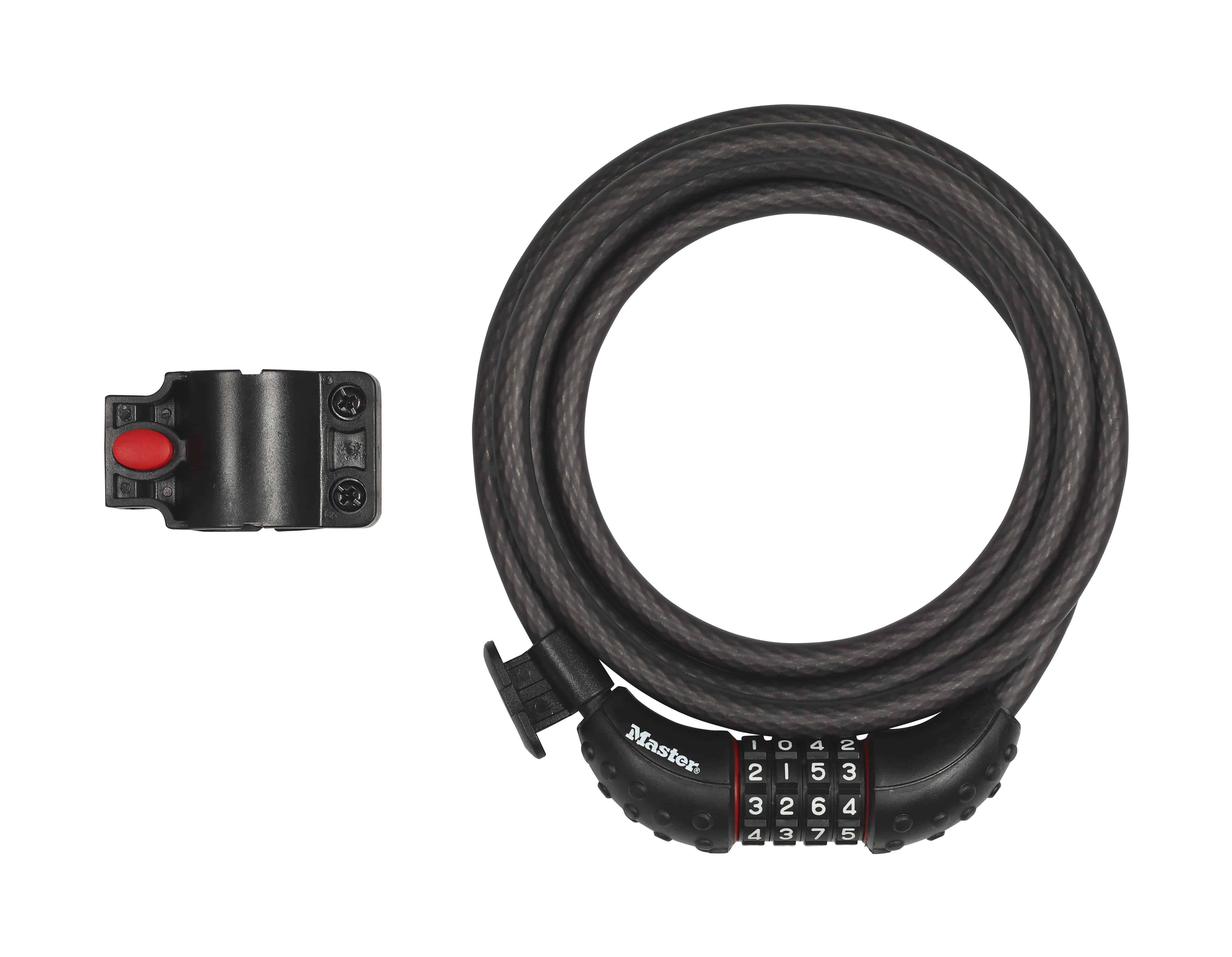 Master Lock 10mm x 1.8m cable combination lock with 4-dial set-your-own code, shown coiled with secure locking mechanism.