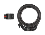 Master Lock 10mm x 1.8m cable combination lock with 4-dial set-your-own code, shown coiled with secure locking mechanism.