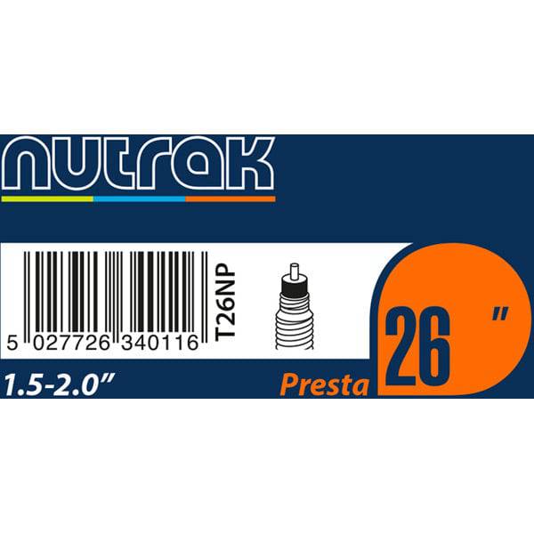 Nutrak 26-inch Presta valve inner tube for bike tires, made of durable butyl rubber, designed for 26" wheels.