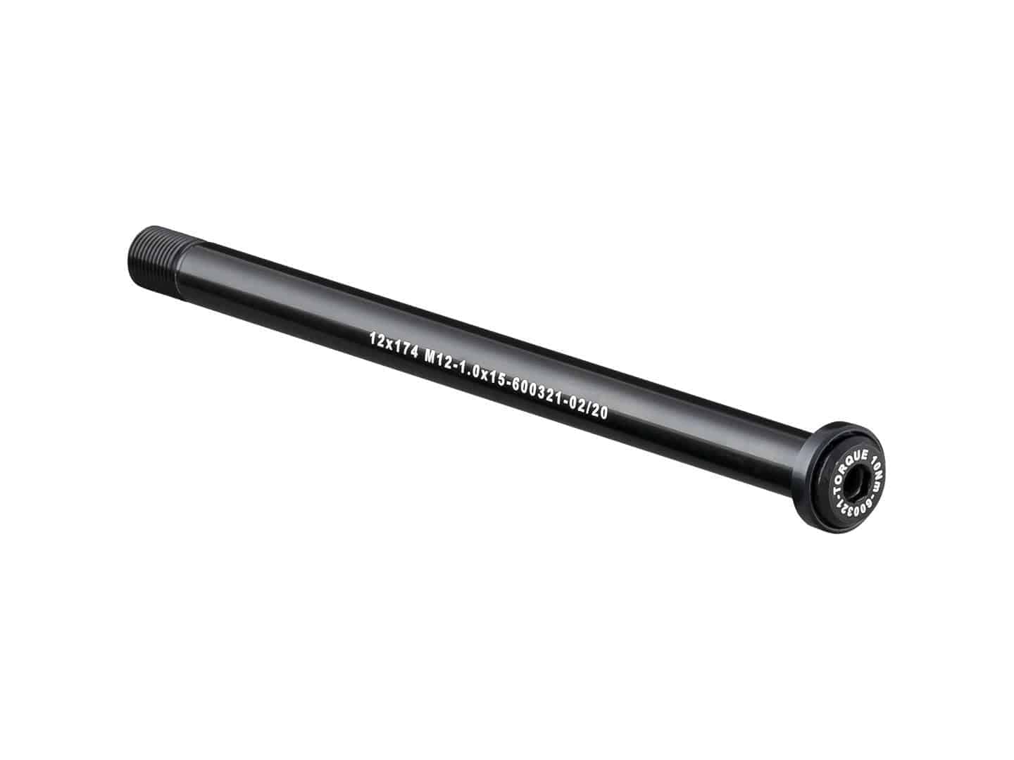 Bontrager Switch Lever Rear Thru-Axle 174mm in black with hex key operation, showing the quick-release lever and axle details.