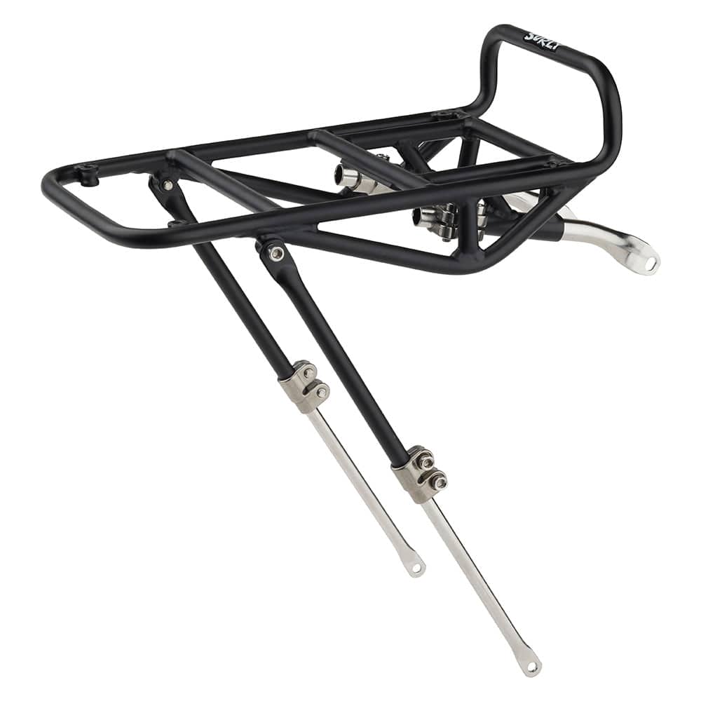 Surly Front Rack Mk II Porteur rack for fat bikes and 29+ wheels, shown installed on a bike with durable metal construction.
