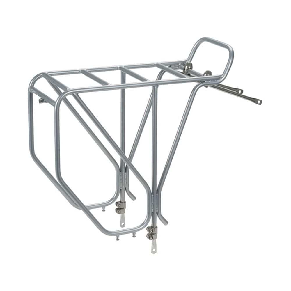 Surly rear bike rack for touring bikes, adjustable for 26-inch and 700c frames, mounted on a bicycle frame.