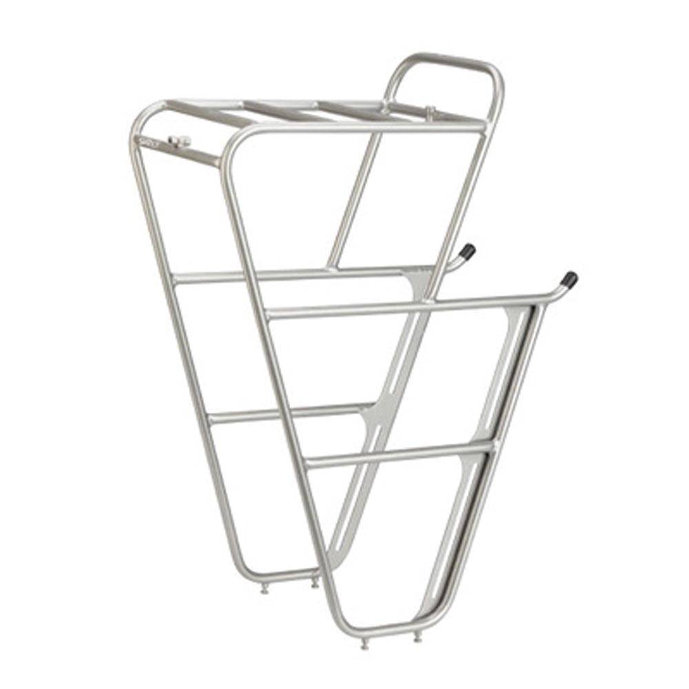 Surly Front Rack 2.0 for bikes, adjustable lowrider and highrider cargo rack, mounted on bicycle with straps and mounting points.