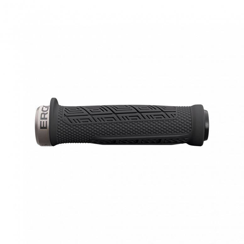 Ergon GDH Team Edition black grips for gravity and downhill biking, shown installed on a mountain bike handlebar.