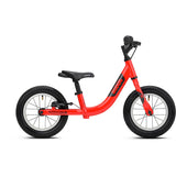 Red Ridgeback Scoot 2027 kids balance bike for toddlers age 2+, with a close-up of the frame and handlebars.