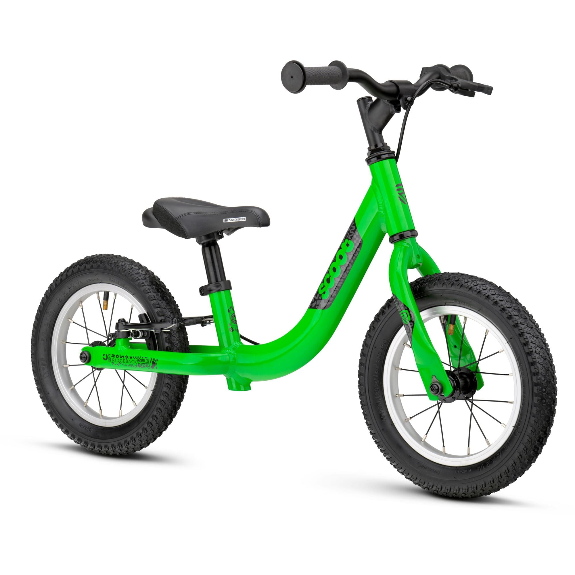 Green Ridgeback Scoot 2027 kids balance bike for toddlers, showing the frame and handlebar in close-up detail.