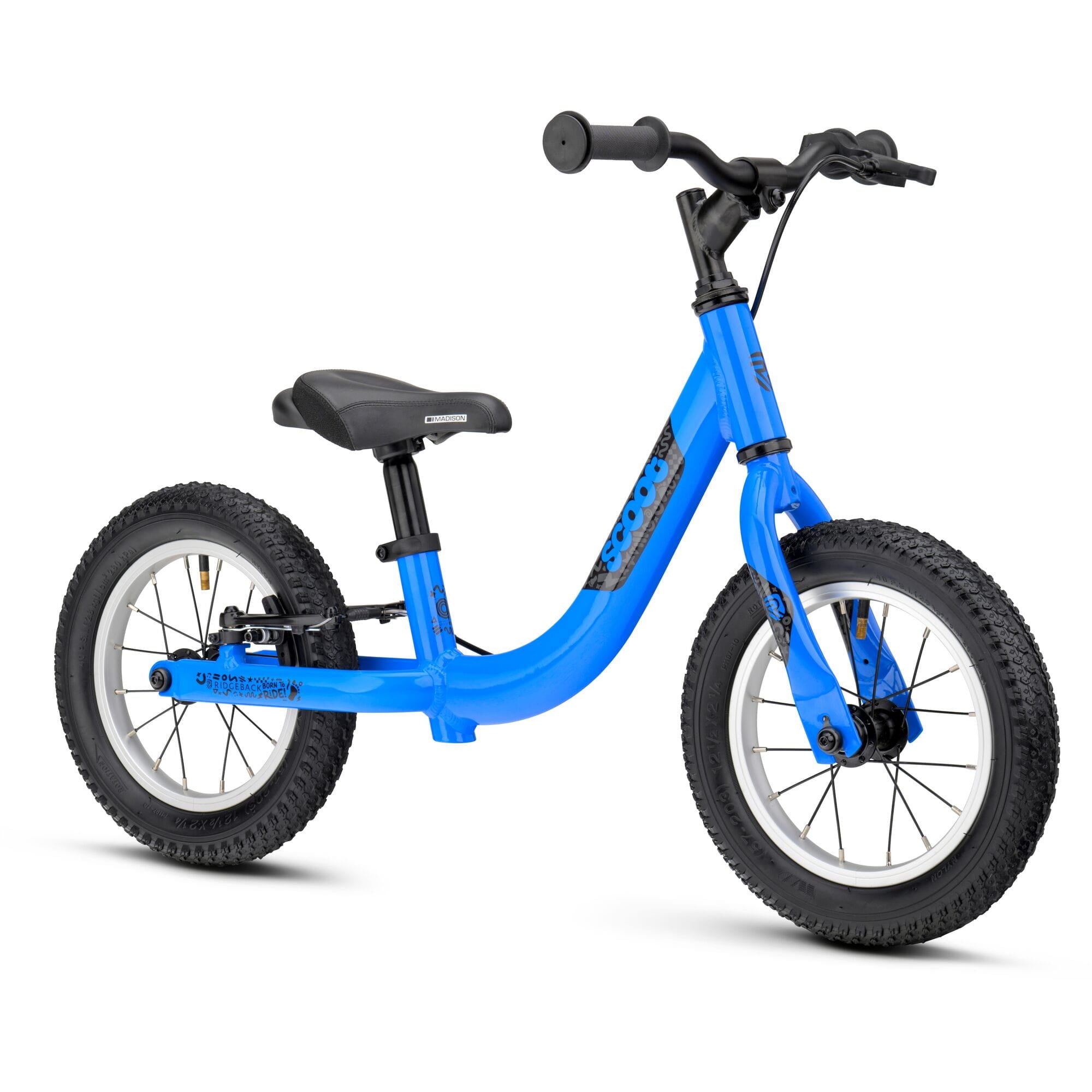 Blue Ridgeback Scoot 2027 kids balance bike for toddlers age 2+, close-up showing handlebar and frame details.