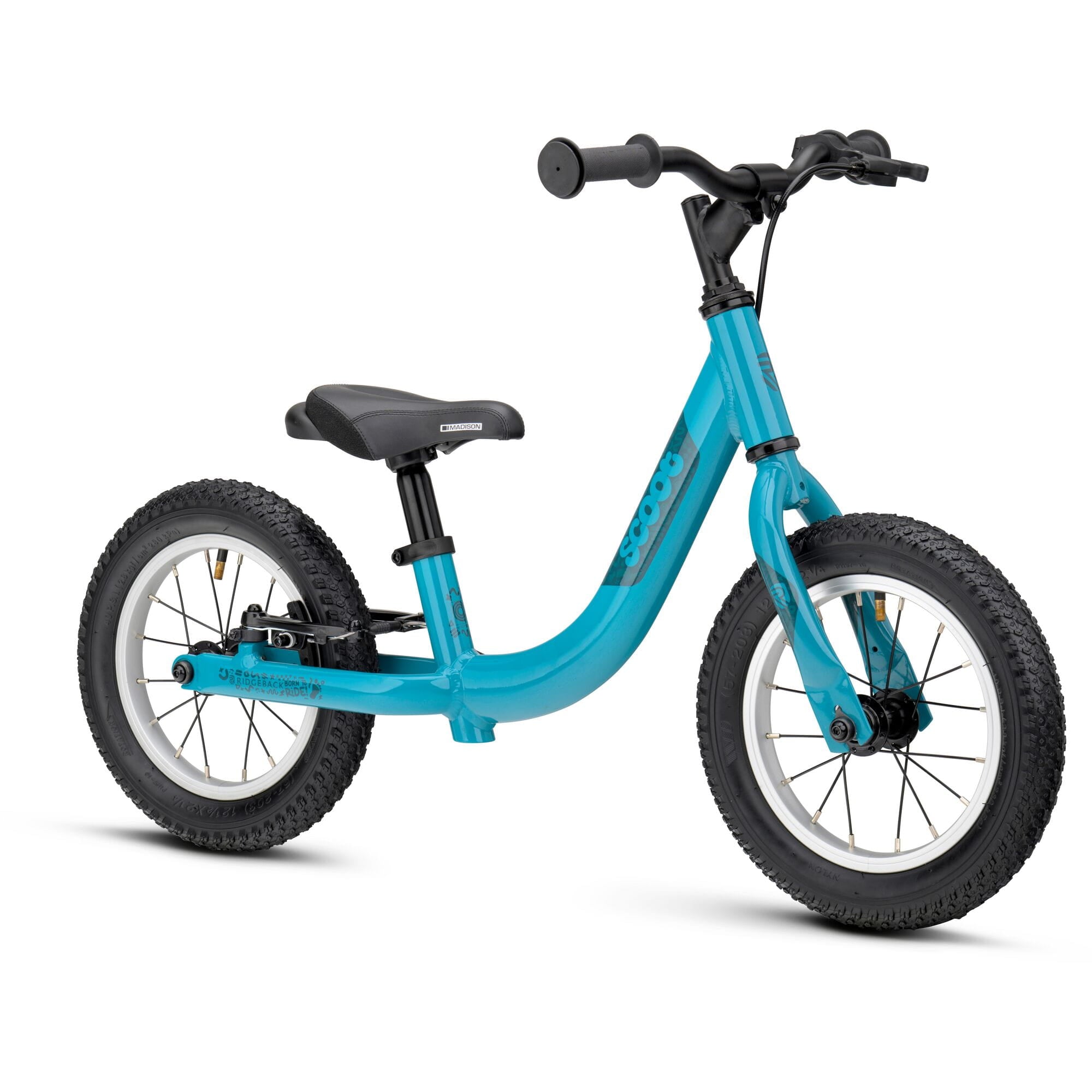 Ridgeback Scoot 2027 kids balance bike for toddlers, teal color, lightweight frame, and adjustable handlebars for young children.