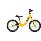Yellow Ridgeback Scoot XL kids balance bike with 14-inch wheels, designed for beginner riders aged 3 and up.