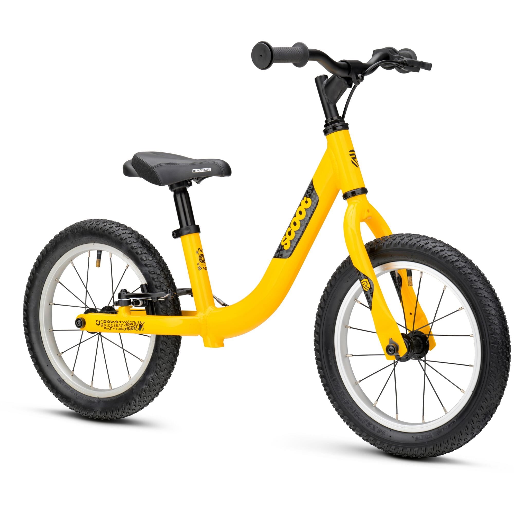 Yellow Ridgeback Scoot XL 14-inch kids balance bike for ages 3+, featuring a lightweight frame and beginner-friendly design.