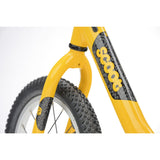 Yellow Ridgeback Scoot XL kids balance bike with 14-inch wheels, designed for beginner riders aged 3 and up.