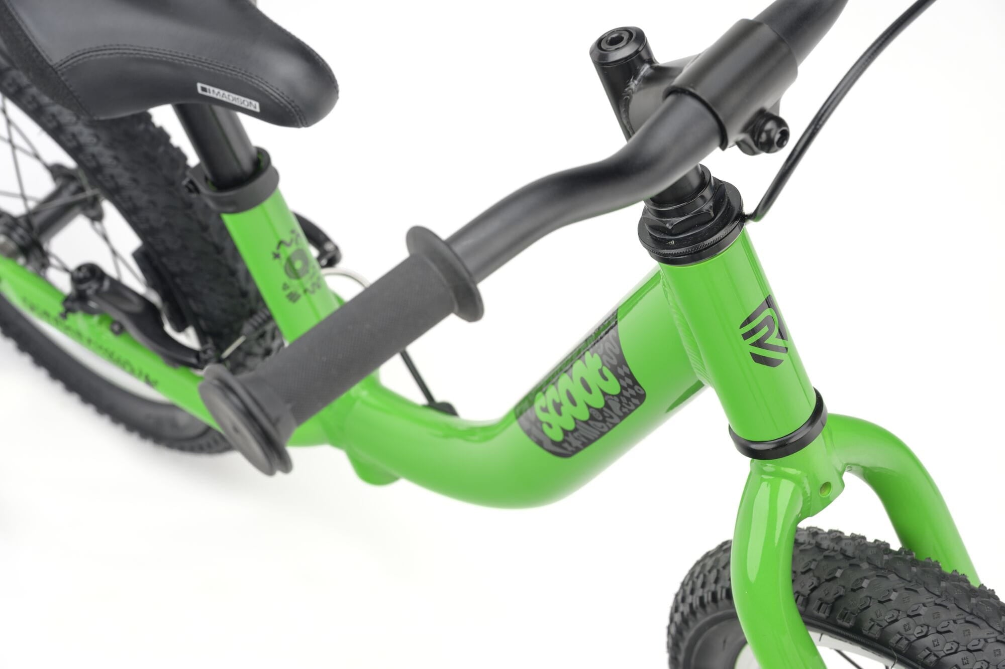 Green Ridgeback Scoot XL kids balance bike with 14-inch wheels, designed for beginner riders aged 3 and up.