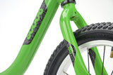 Green Ridgeback Scoot XL kids balance bike with 14-inch wheels, suitable for beginner riders aged 3 and up.
