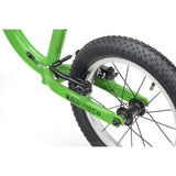 Green Ridgeback Scoot XL kids balance bike with 14-inch wheels, designed for beginner riders aged 3 and up.