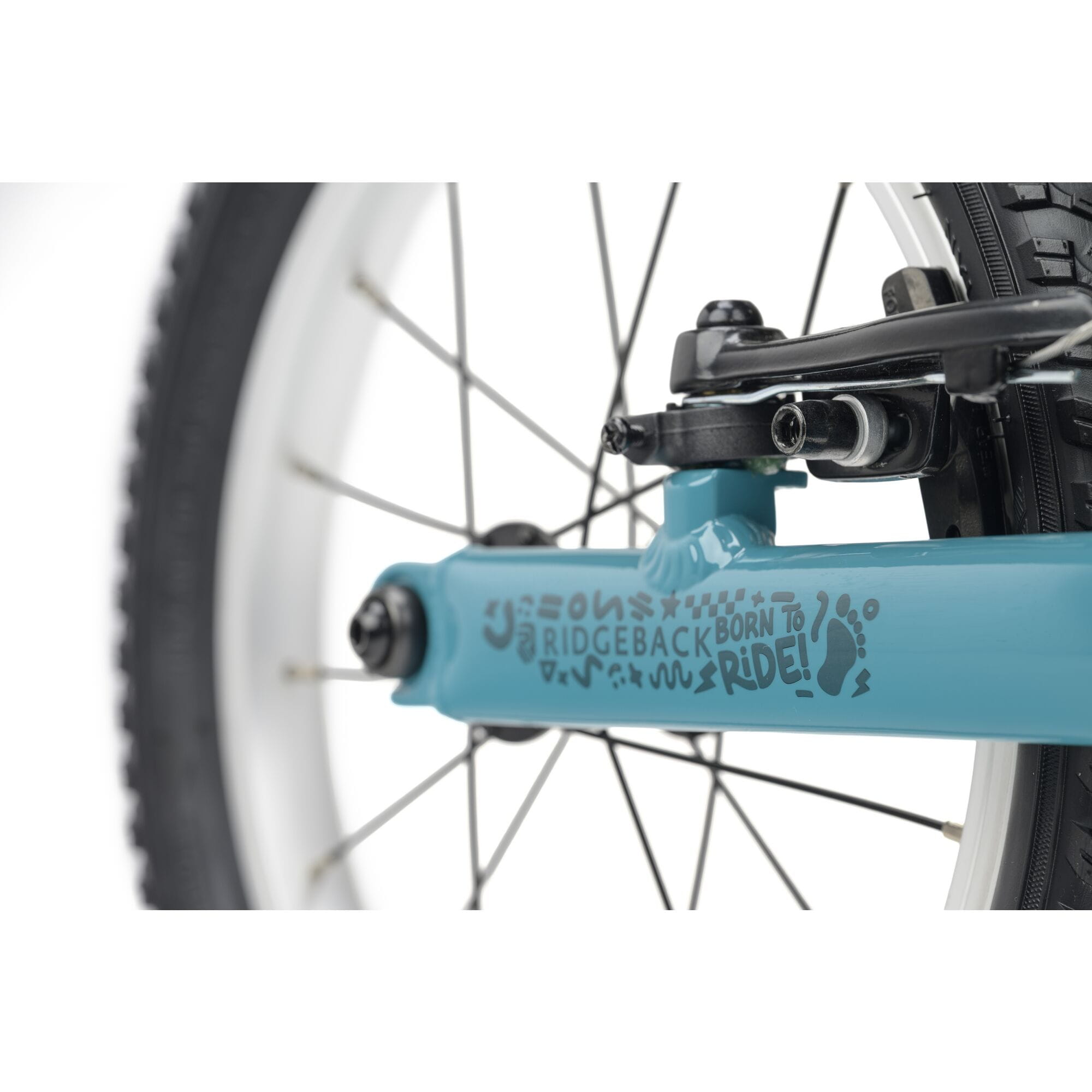 Ridgeback Scoot XL kids balance bike in teal with 14-inch wheels, suitable for ages 3 and up, beginner riders.