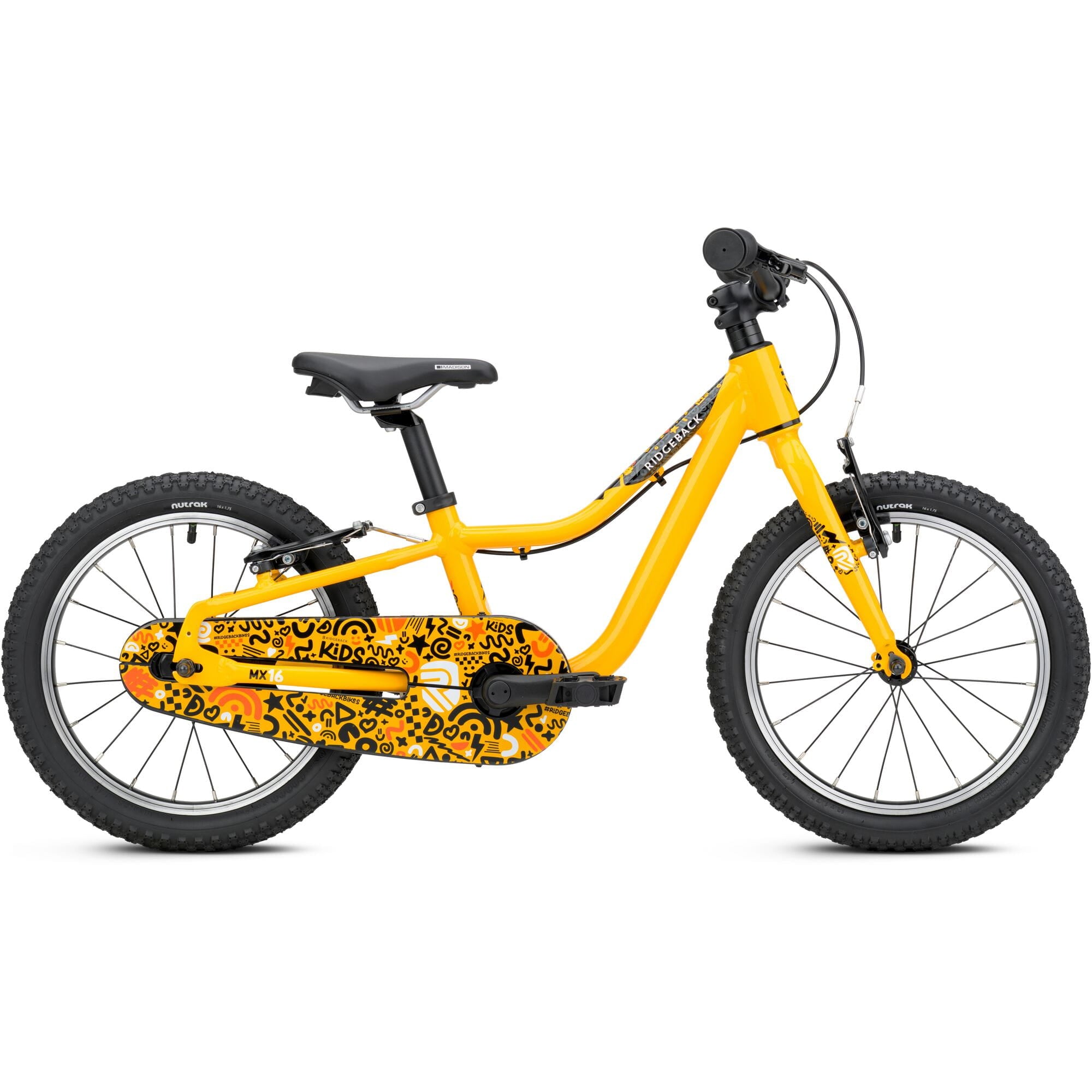 Yellow Ridgeback MX16 kids bike with 16-inch wheels, adjustable frame, suitable for children aged 3.5 to 6 years.