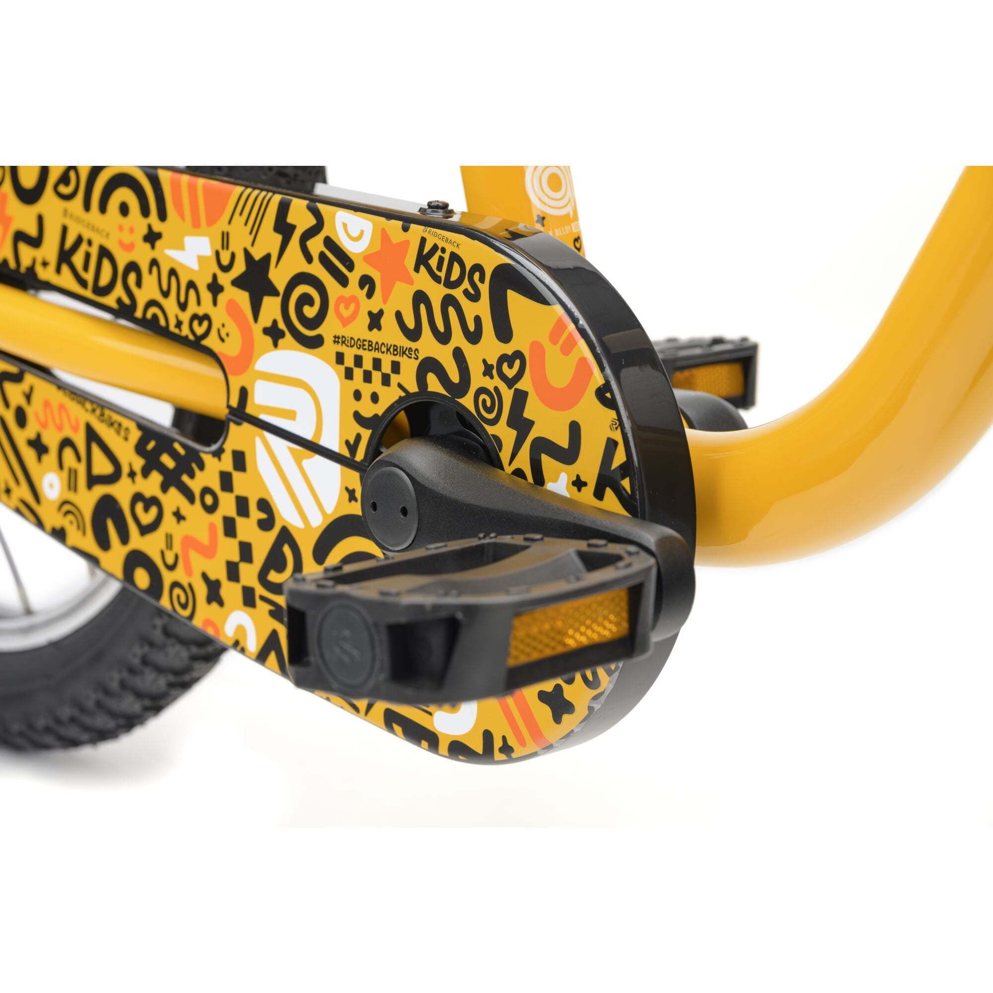 Yellow Ridgeback MX16 kids bike with 16-inch wheels, suitable for ages 3.5 to 6 years, featuring a sturdy frame and adjustable seat.