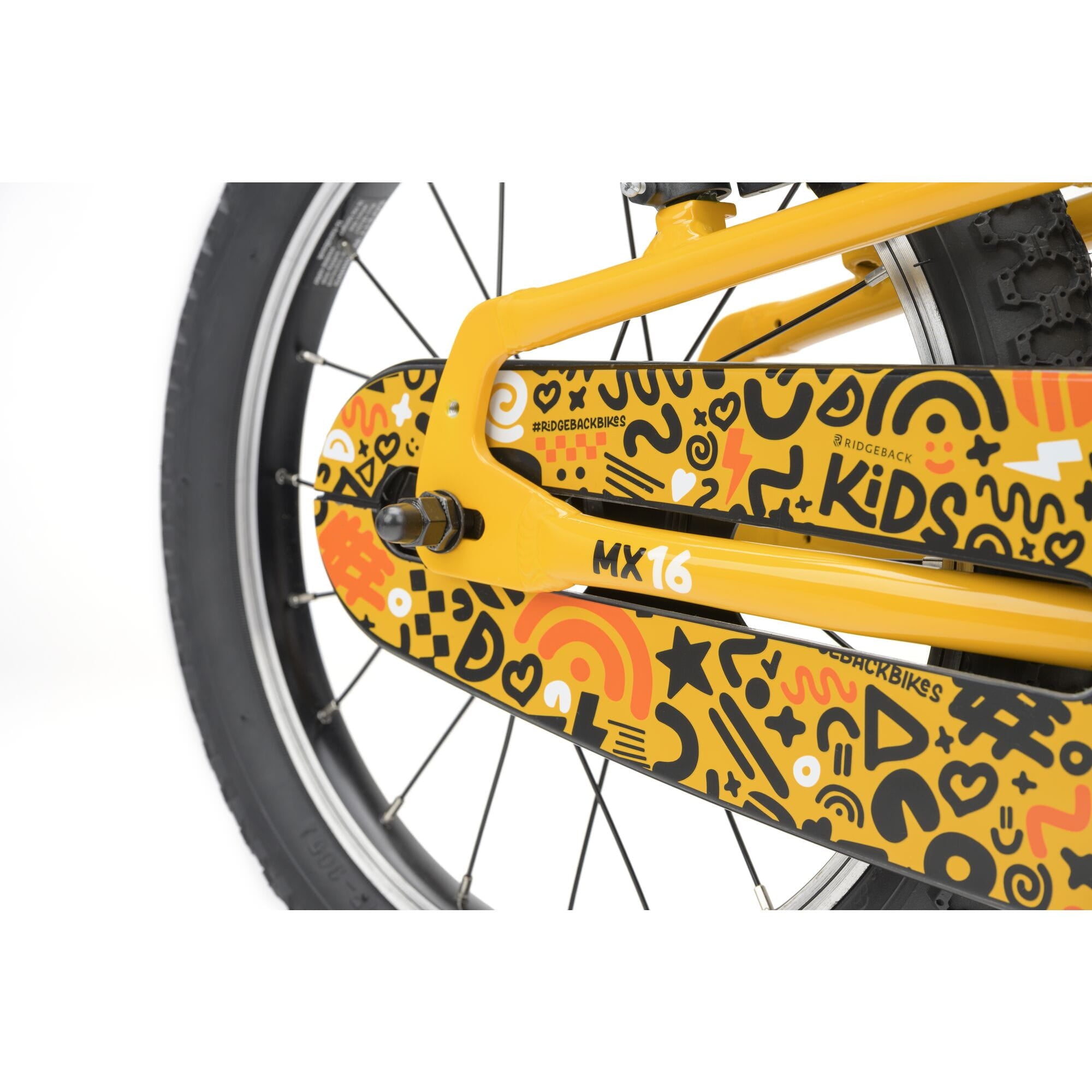 Yellow Ridgeback MX16 kids bike with 16-inch wheels, suitable for children ages 3.5 to 6, featuring adjustable seat and handlebars.