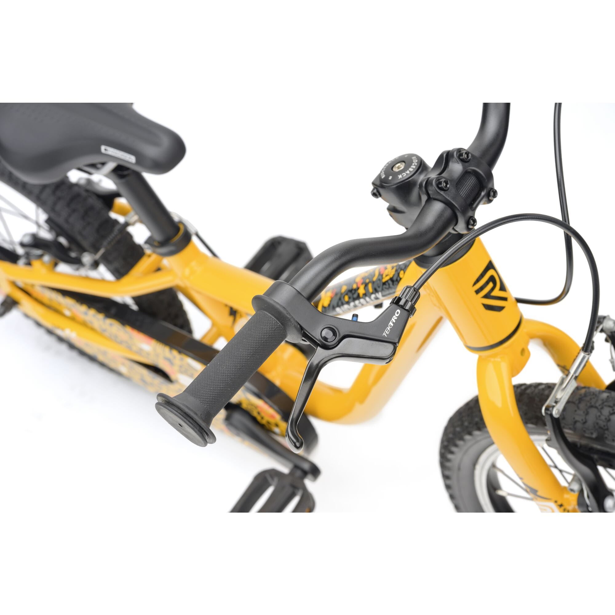 Yellow Ridgeback MX16 kids bike with adjustable 16-inch wheels, suitable for children aged 3.5 to 6 years, close-up detail image.