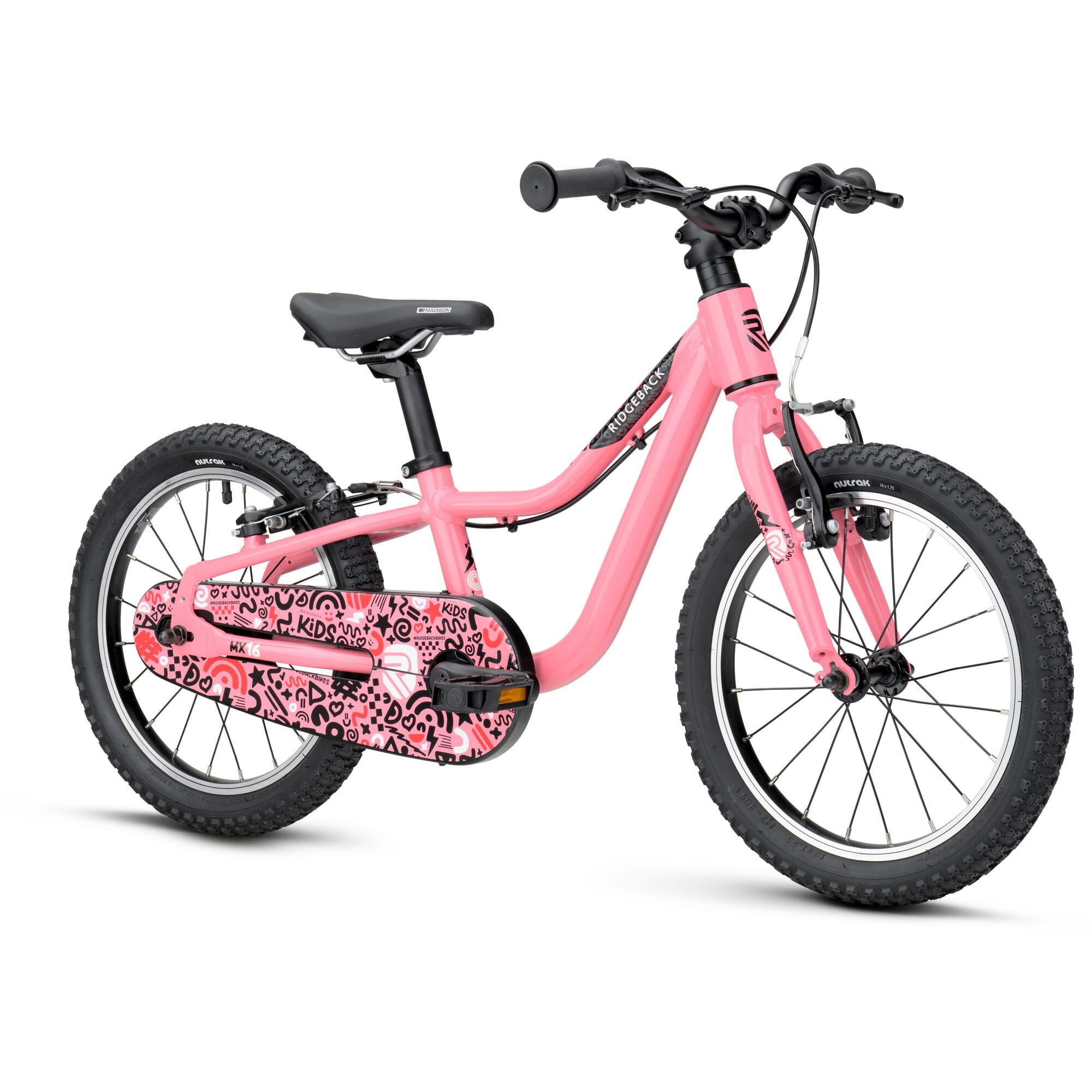 Pink Ridgeback MX16 kids bike with 16-inch wheels, adjustable frame, designed for children aged 3½ to 6 years, detailed view.