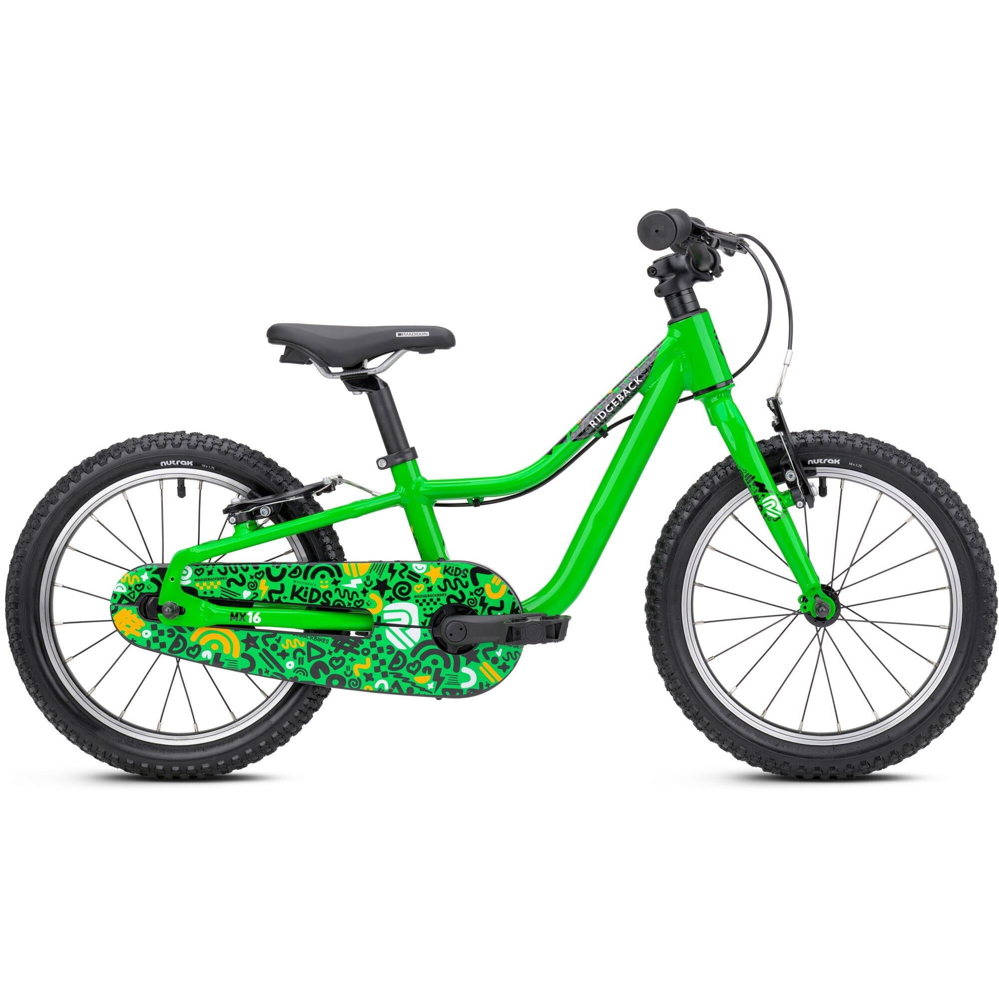 Green Ridgeback MX16 kids bike with 16-inch wheels, adjustable frame, suitable for ages 3.5 to 6 years, detailed view of frame and tires.