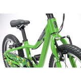 Green Ridgeback MX16 kids bike with 16-inch wheels, adjustable frame, suitable for ages 3.5 to 6, detailed view of the bike frame.