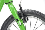 Green Ridgeback MX16 kids bike with 16-inch wheels, adjustable frame, suitable for ages 3.5 to 6, detailed view of the bike frame.