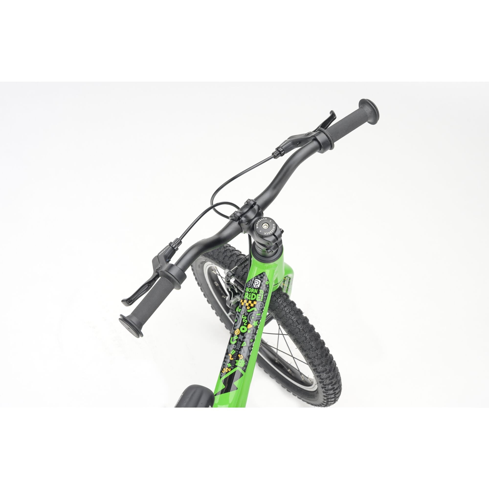 Green Ridgeback MX16 kids bike with 16-inch wheels, adjustable frame, suitable for ages 3½ to 6 years, detailed close-up.