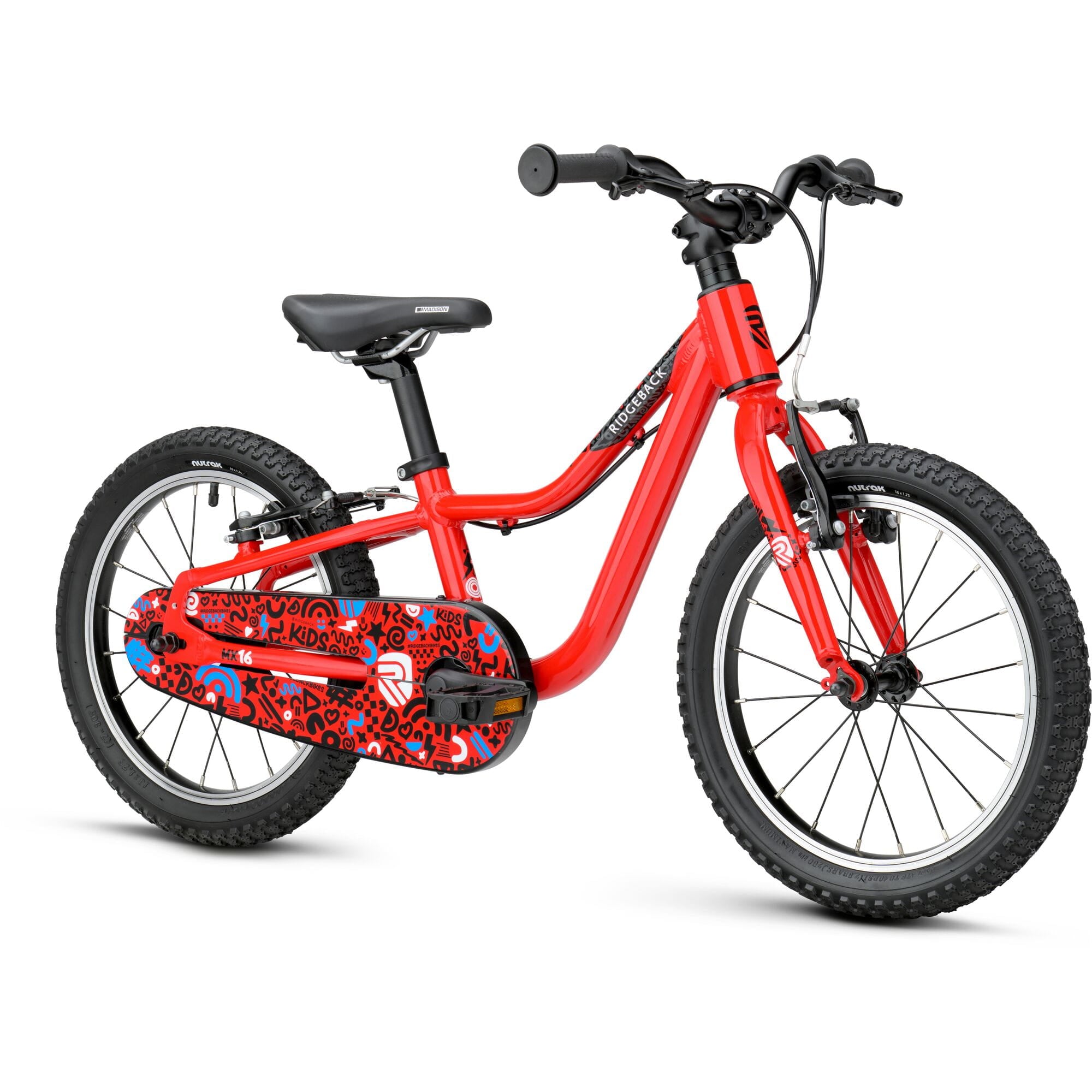 Red Ridgeback MX16 kids bike with adjustable 16-inch wheels for ages 3.5 to 6, featuring a sturdy frame and colorful design.