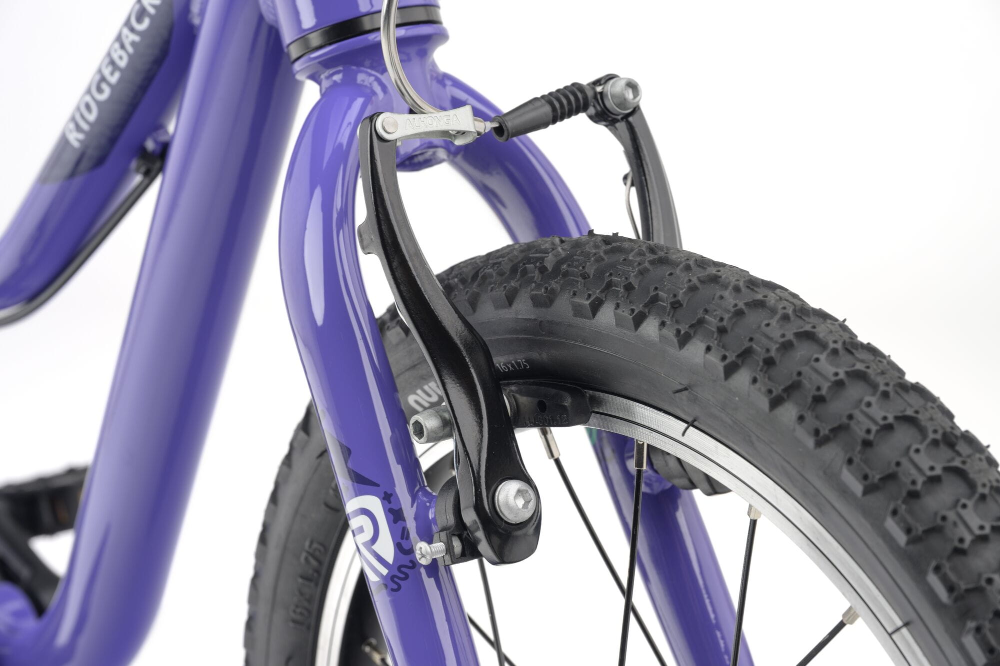 Ridgeback MX16 kids bike with 16-inch wheels in lilac, adjustable frame for children aged 3.5 to 6 years, detailed close-up.