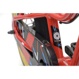 Ridgeback Dimension 16 Kids Bike in red, lightweight frame, adjustable for ages 3.5 to 6 years, with details of the bike's design.