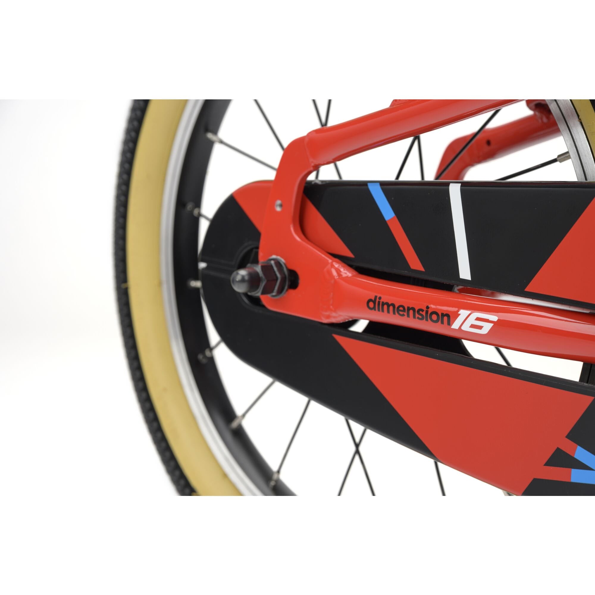 Red Ridgeback Dimension 16 kids bike for ages 3.5 to 6, lightweight frame, adjustable seat, detailed view of the bike's features.