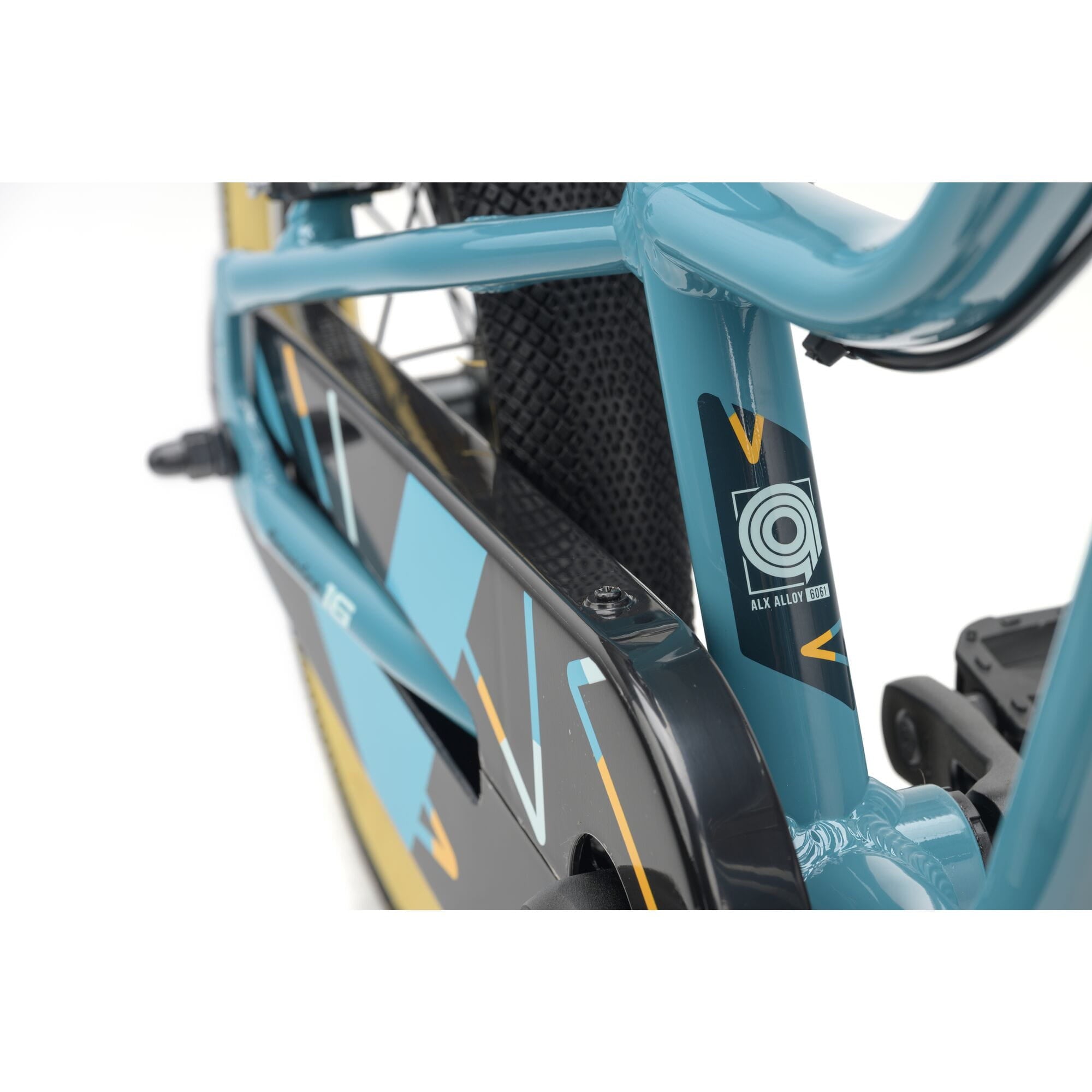 Ridgeback Dimension 16 kids' bike in teal with adjustable lightweight frame for children aged 3.5 to 6 years, detailed view.