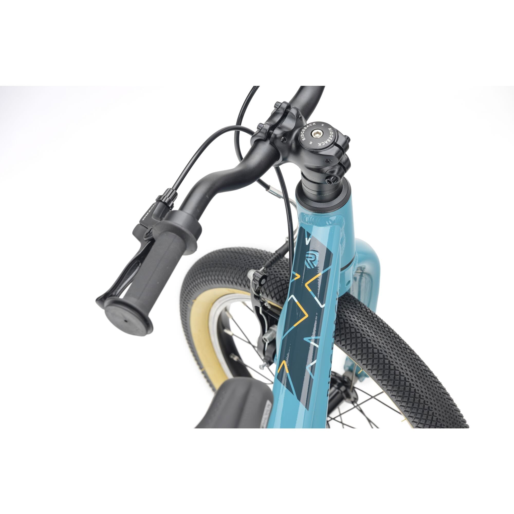 Teal Ridgeback Dimension 16 kids bike for ages 3.5 to 6, lightweight frame with adjustable features and detailed close-up view.