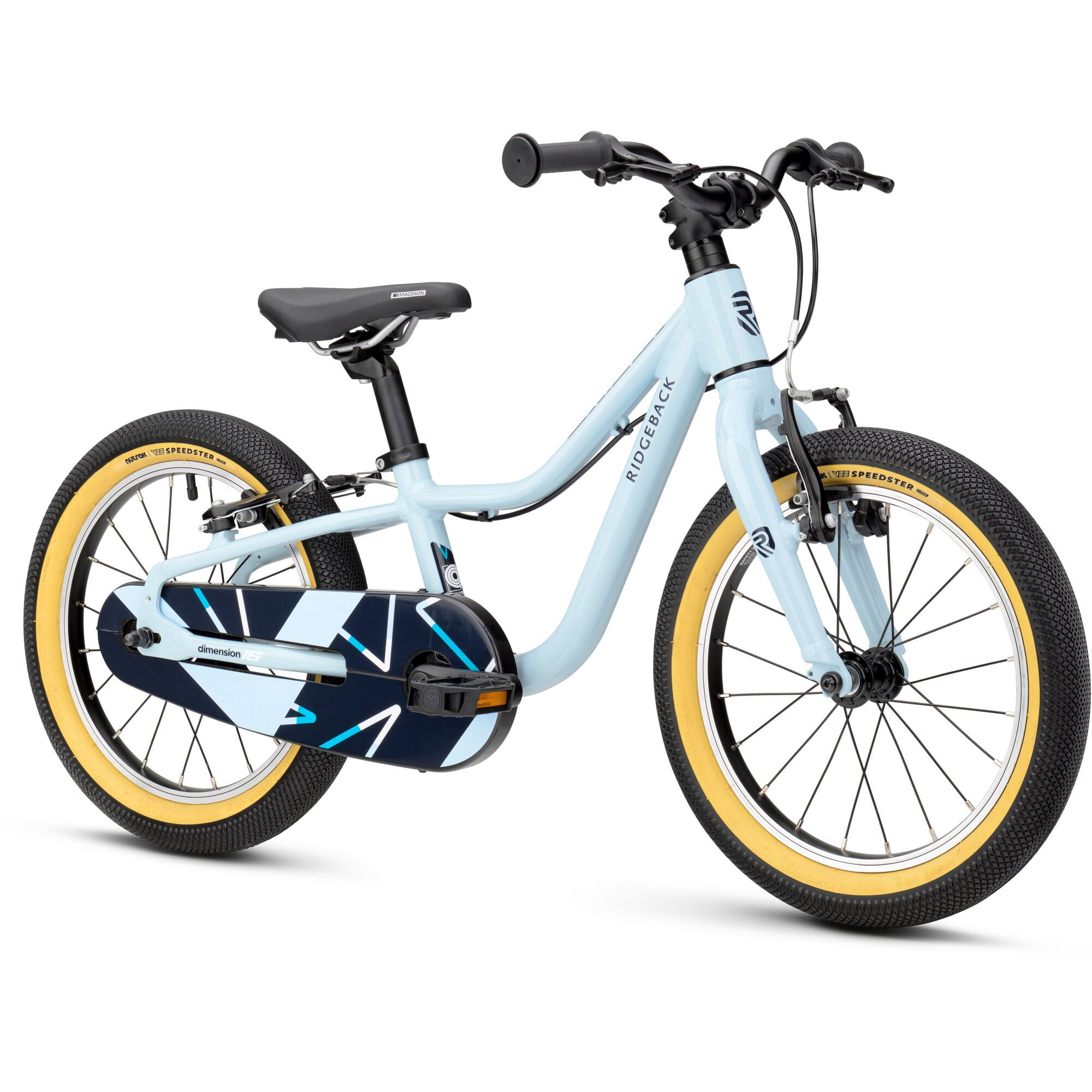 Blue Ridgeback Dimension 16 kids' bike with lightweight frame, adjustable seat, suitable for ages 3½ to 6 years, detailed view.