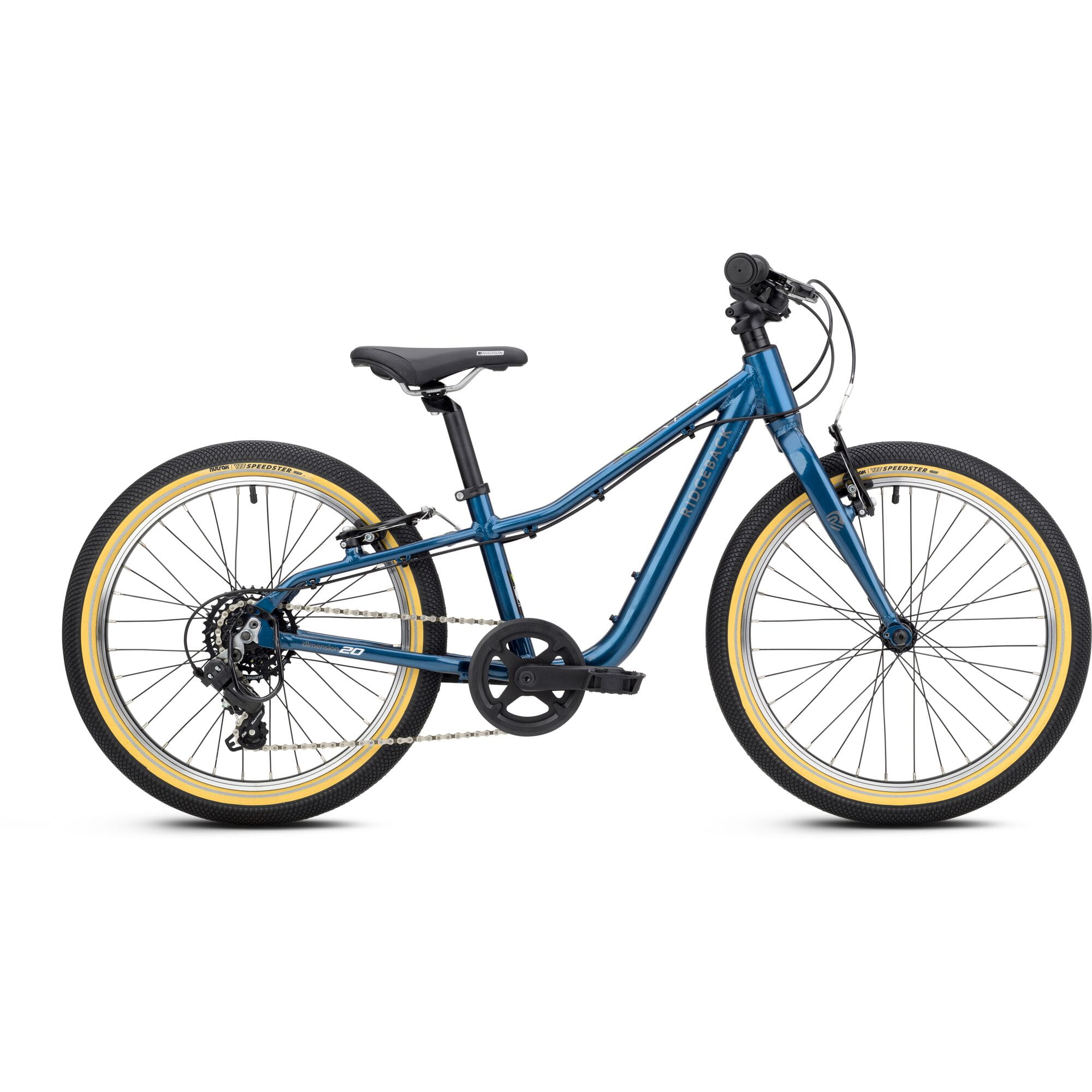 Blue Ridgeback Dimension 20 Kids Bike with 7-speed Shimano gears, designed for children aged 5 and up, featuring a sturdy frame and small wheels.