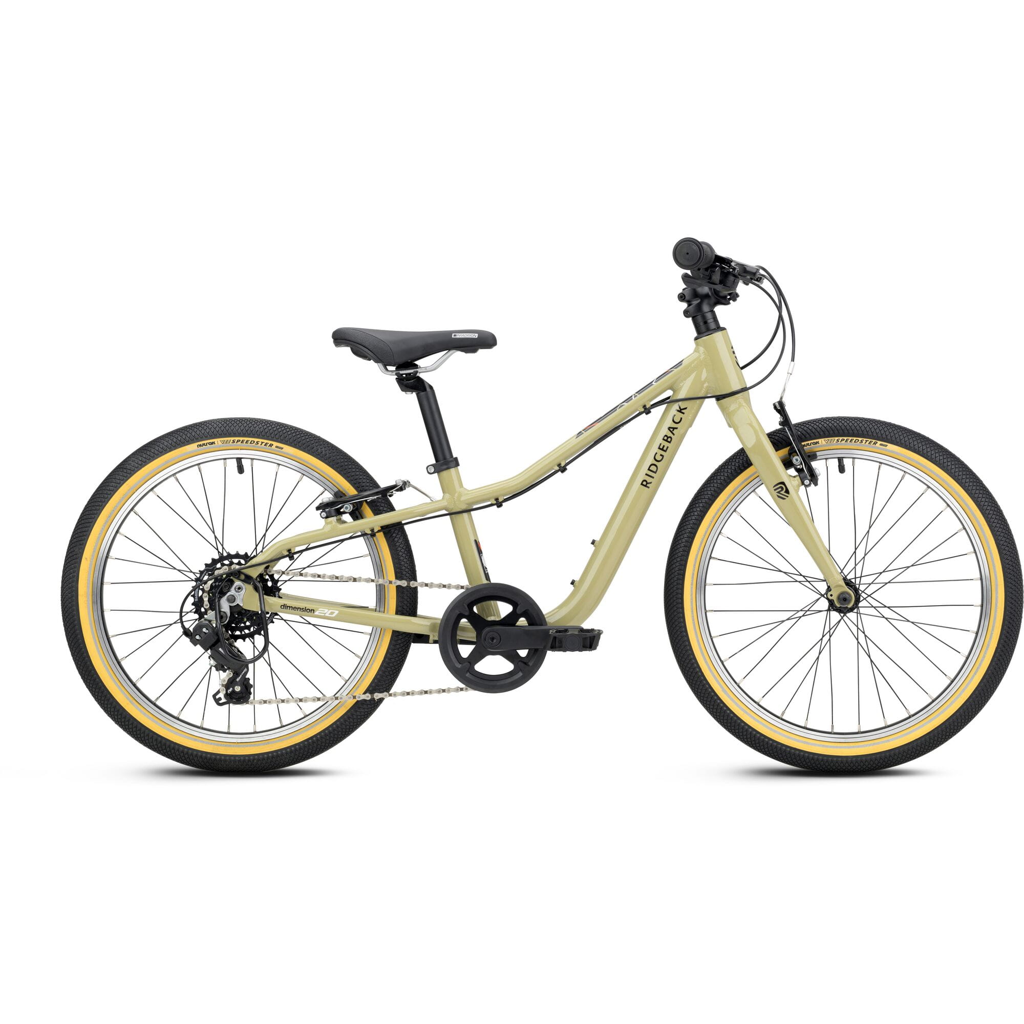 Ridgeback Dimension 20 kids bike with 7-speed Shimano gears, sand-colored frame, suitable for children 5+