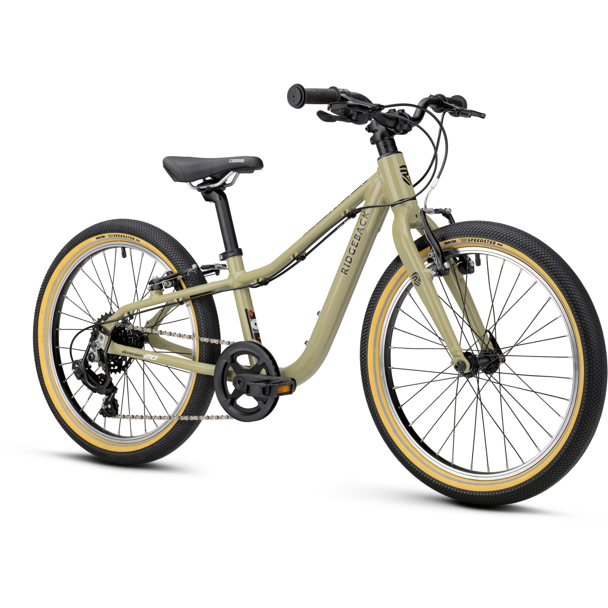 Ridgeback Dimension 20 Kids Bike with 7-speed Shimano gears, beige color, suitable for children aged 5 and up.