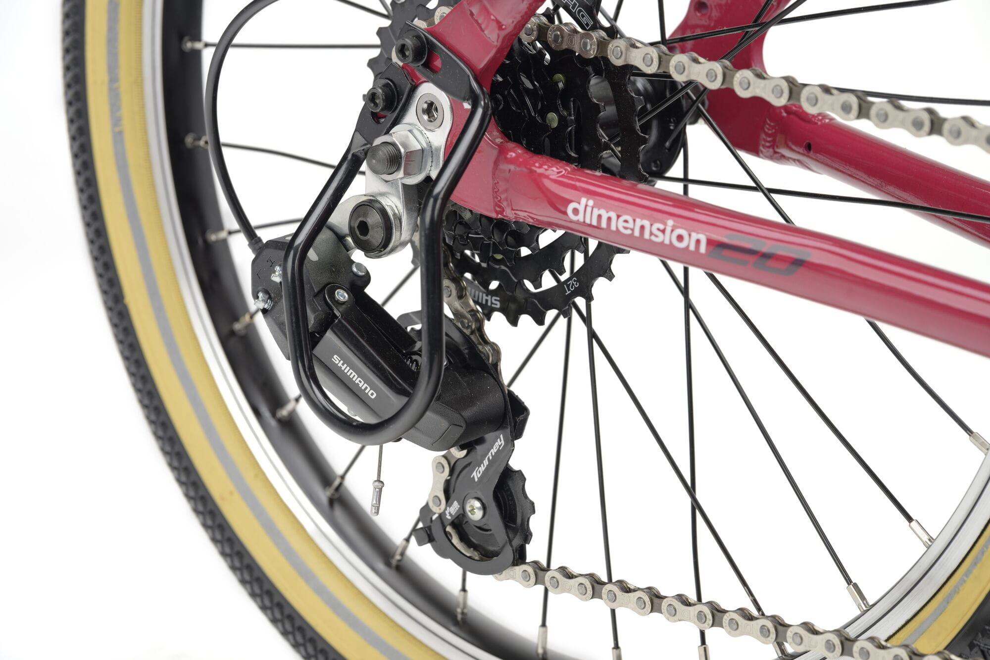 Ridgeback Dimension 20 kids bike with plum frame, 7-speed Shimano gears, suitable for children aged 5 and up.