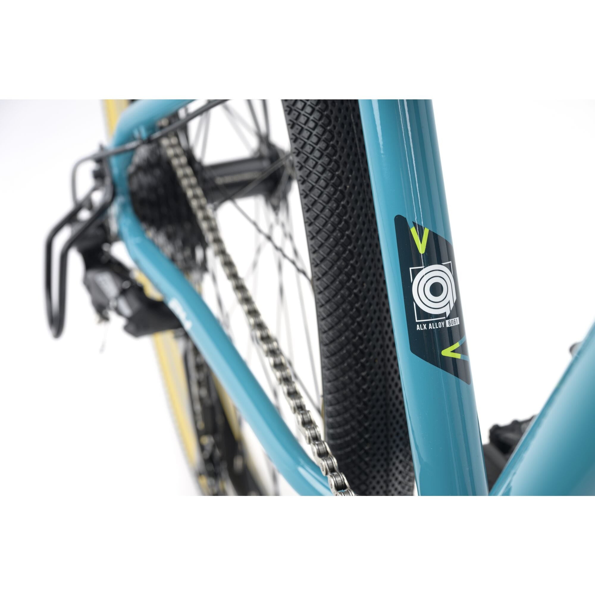 Ridgeback Dimension 24 kids bike in teal with 8-speed Shimano gears and puncture-resistant tires, adjustable for ages 8+