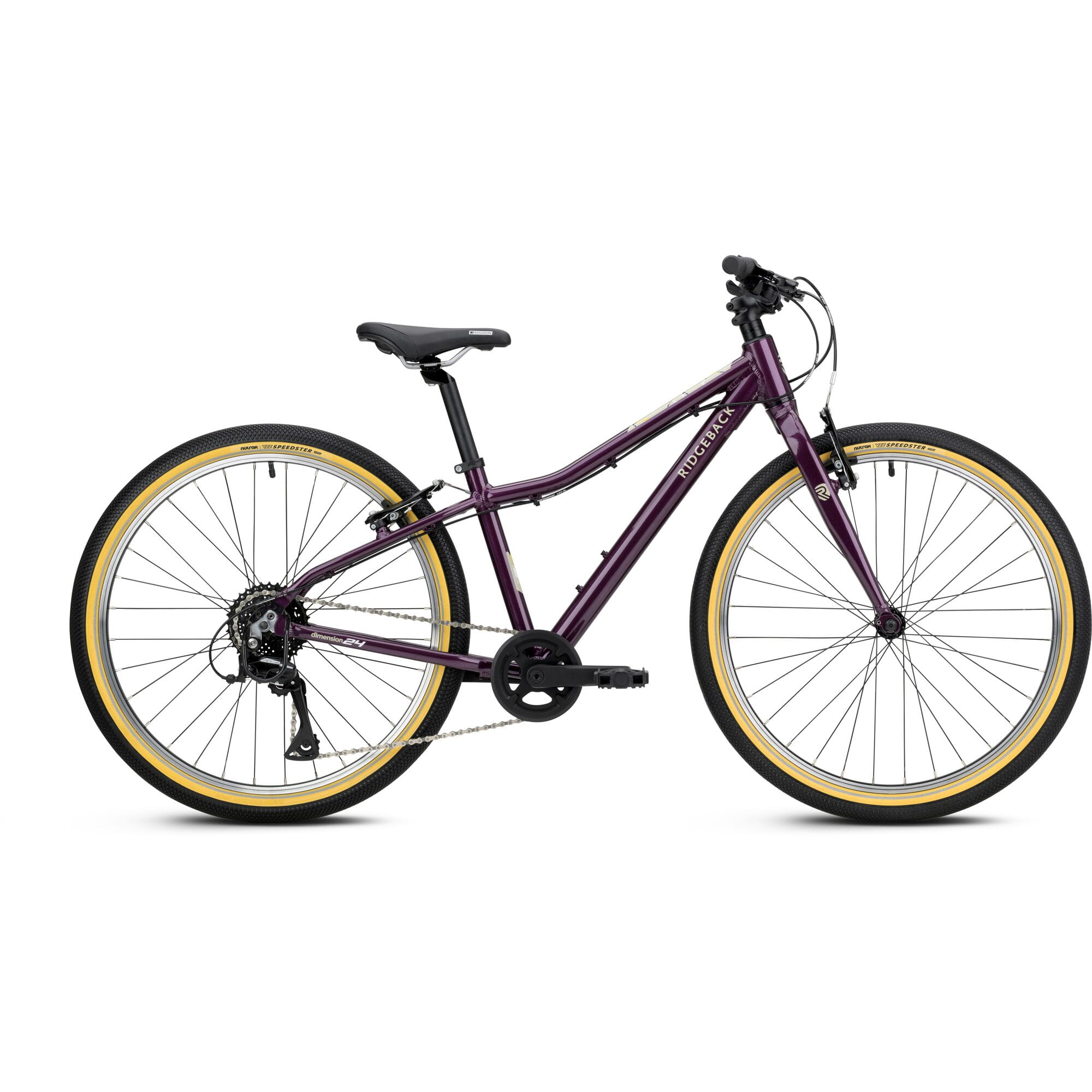 Ridgeback Dimension 24 kids bike in violet with 8-speed Shimano gears, puncture-resistant tires, and adjustable fit for ages 8+