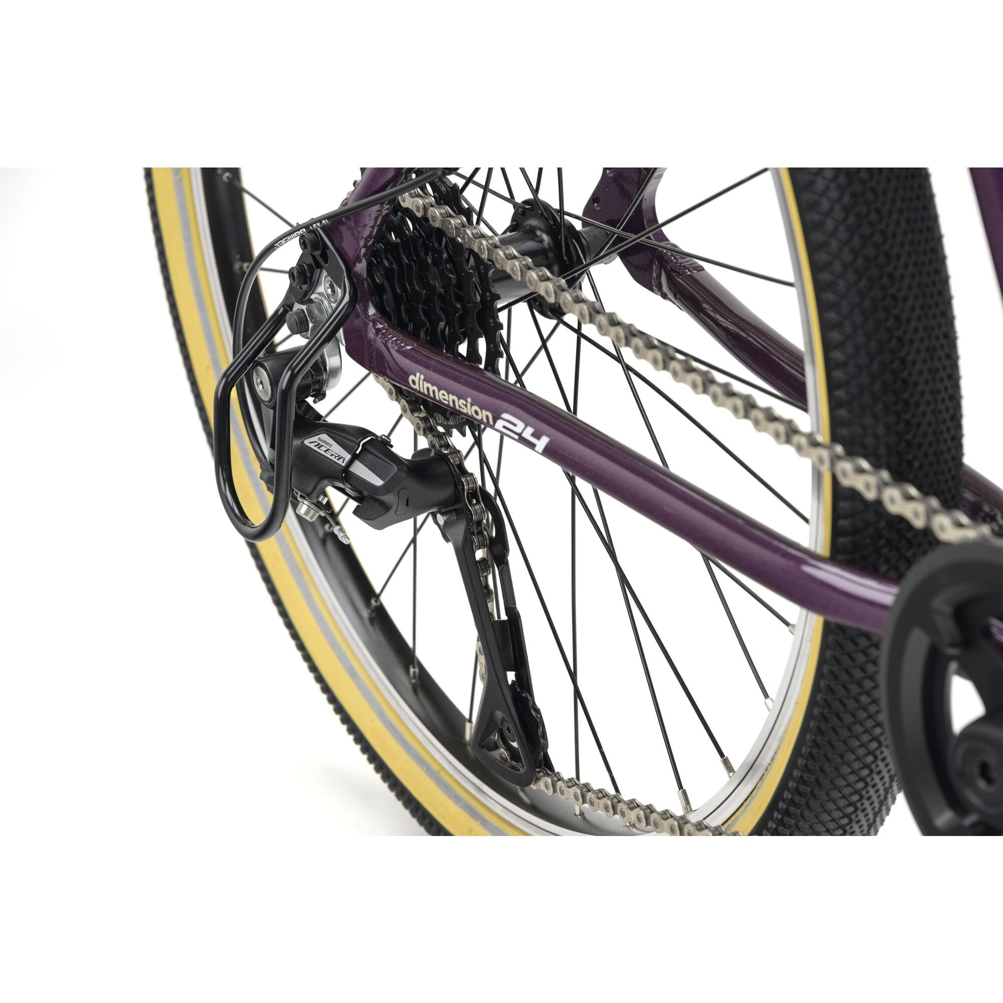 Ridgeback Dimension 24 kids bike in violet featuring 8-speed Shimano gears, puncture-resistant tires, and adjustable fit for ages 8+
