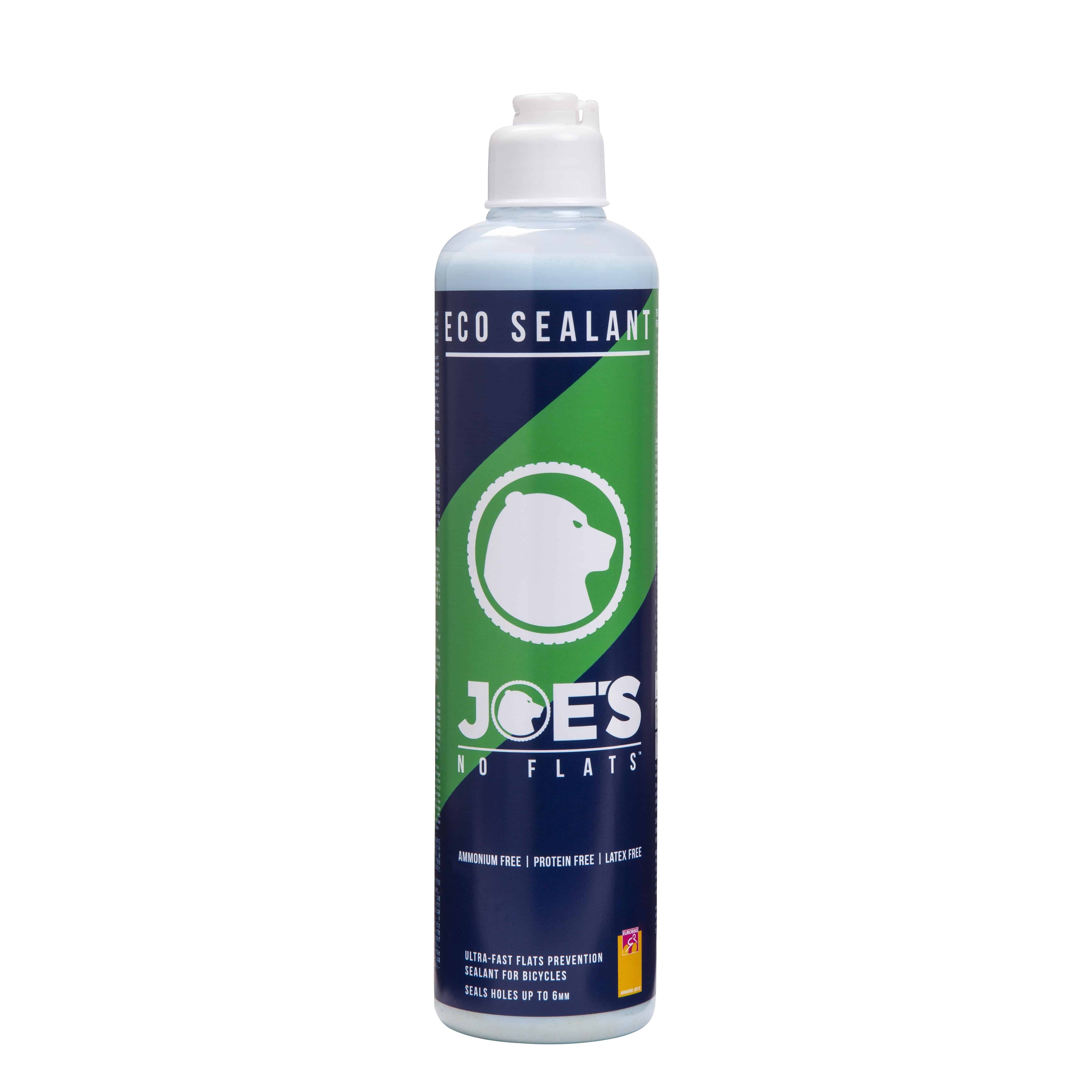 Joe's No Flats Eco Sealant for tubeless tires, shown in a container, designed for tubeless-ready tires to prevent flats and seal punctures.